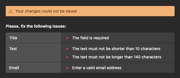 Validation error dialog with structured field issues